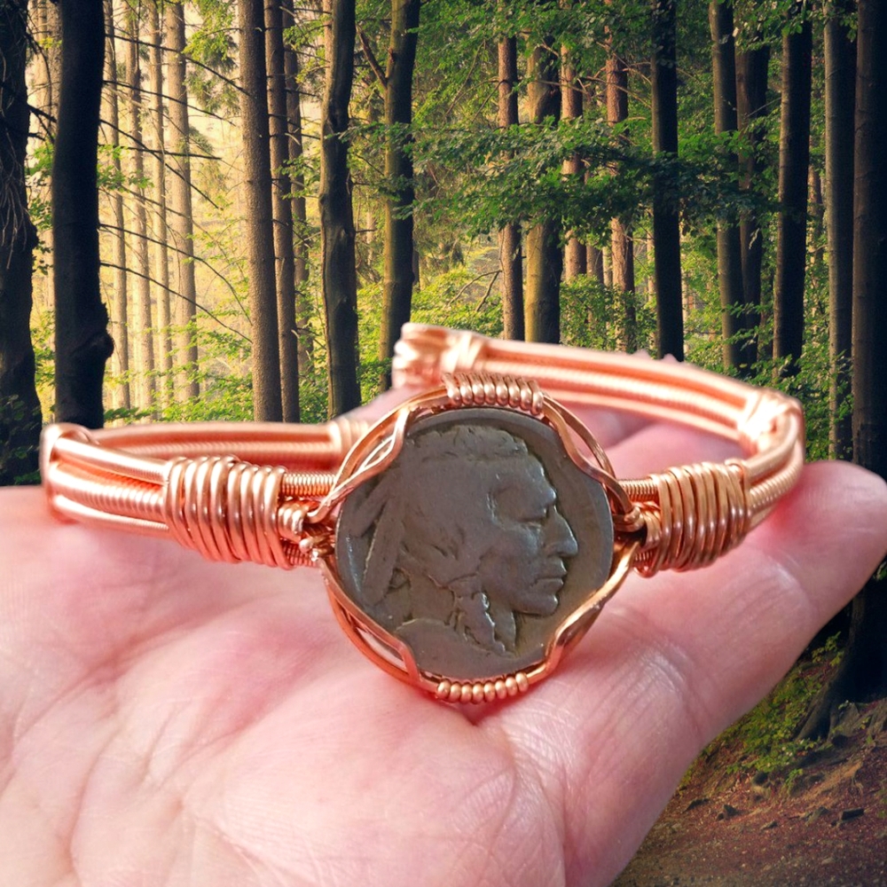 Artisan Copper Wire Wrap American Buffalo Nickel Bracelet